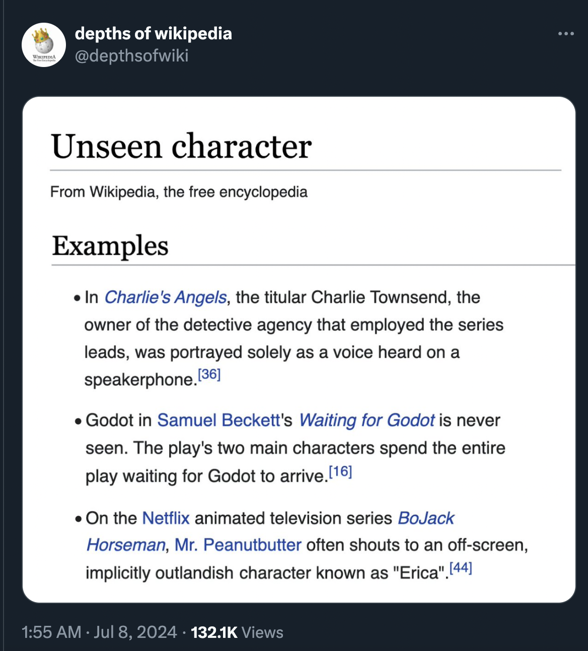 screenshot - depths of wikipedia Unseen character From Wikipedia, the free encyclopedia Examples In Charlie's Angels, the titular Charlie Townsend, the owner of the detective agency that employed the series leads, was portrayed solely as a voice heard on 